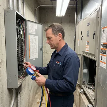 Technician checking commercial AC components