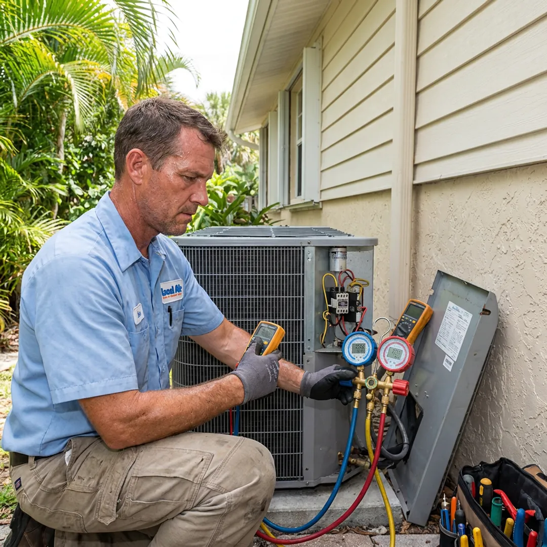 AC technician checking refrigerant gauges during repair
