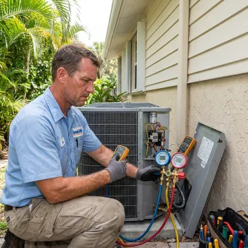 AC technician checking refrigerant gauges during repair