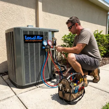 Technician repairing a residential AC unit in Parkland