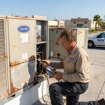 Commercial HVAC technician inspecting rooftop AC units