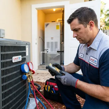 HVAC technician inspecting residential AC system