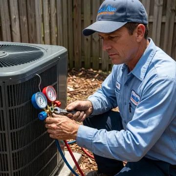 Technician testing an AC system during a repair visit