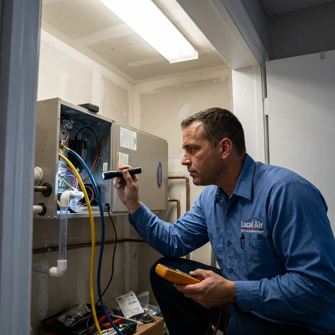 Technician checking an HVAC air handler during maintenance