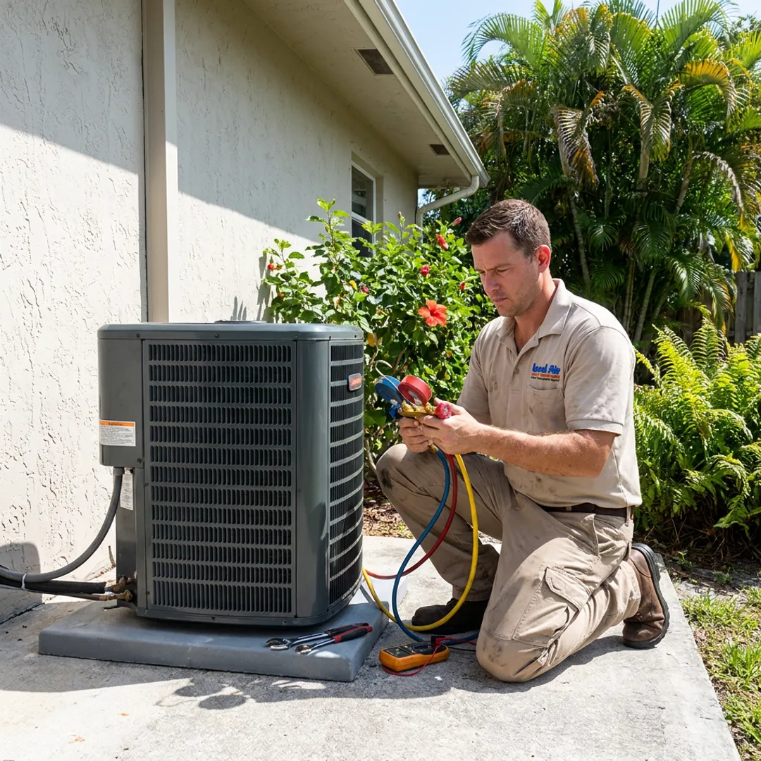HVAC technician checking a home air conditioning system