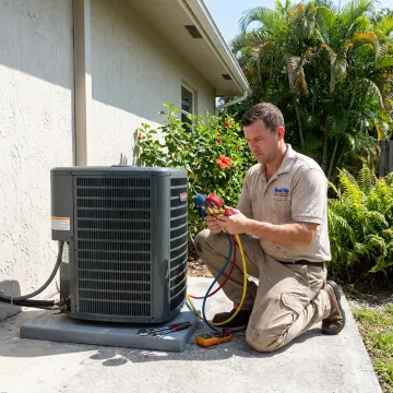HVAC technician checking a home air conditioning system
