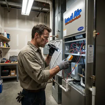 HVAC technician inspecting an indoor air handler
