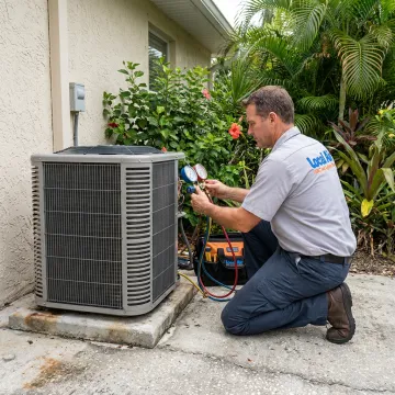 HVAC technician inspecting an outdoor air conditioning unit