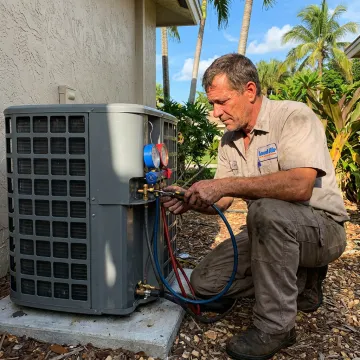 AC technician repairing an outdoor unit in Highland Beach