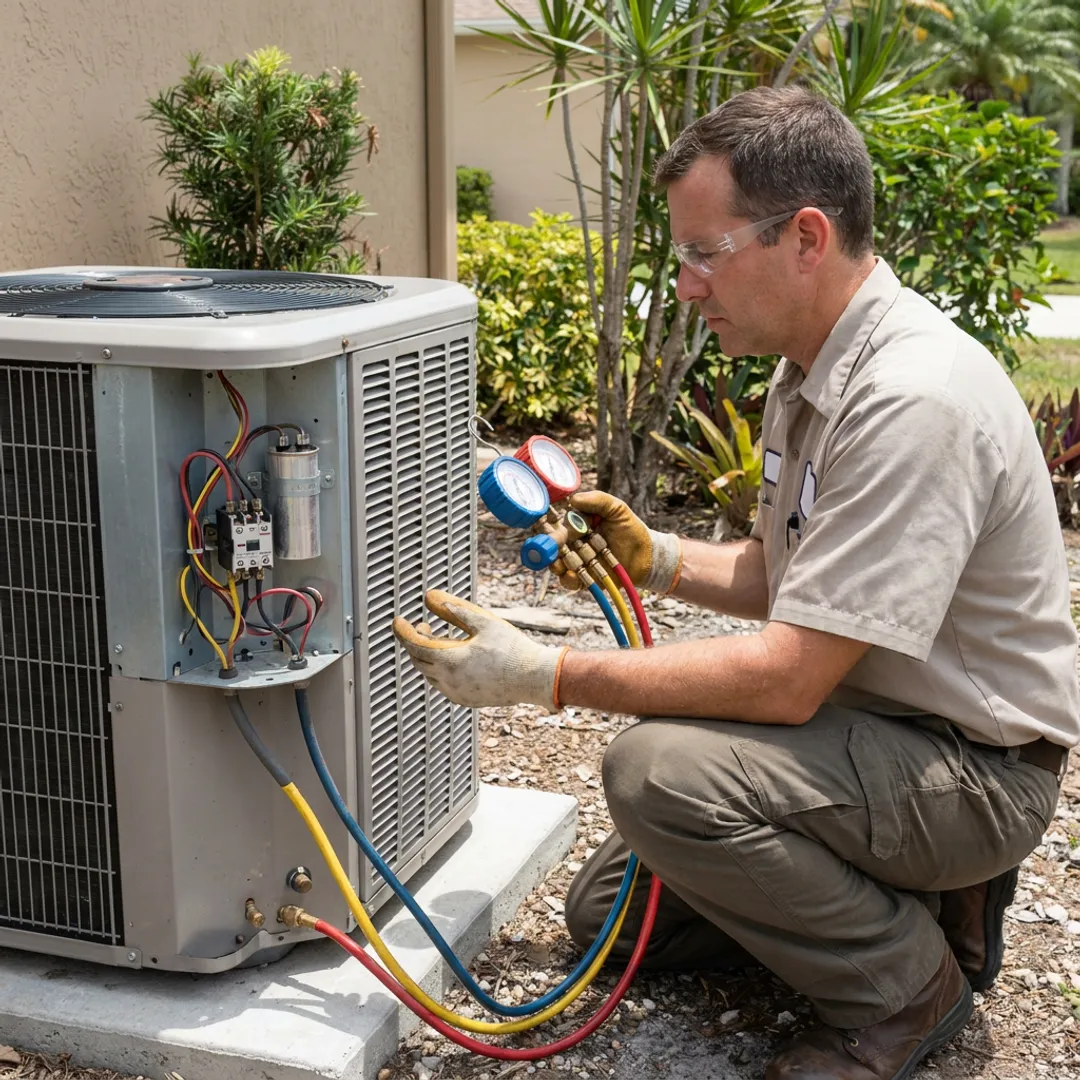 Technician checking AC gauges during a maintenance visit