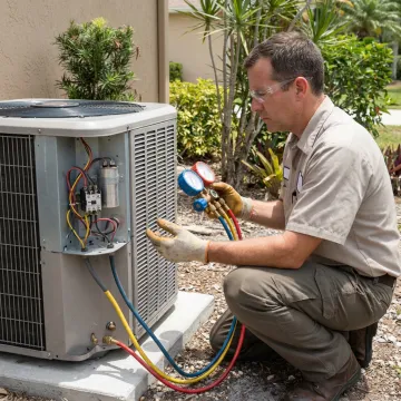 Technician checking AC gauges during a maintenance visit