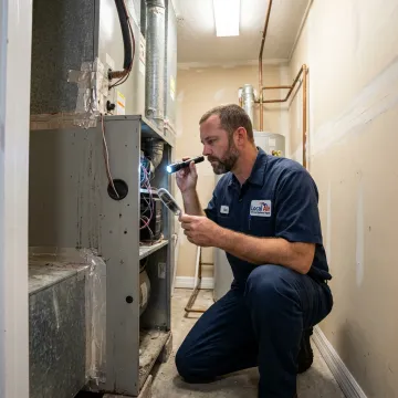 HVAC technician inspecting ductwork and air handler