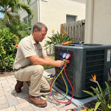 HVAC technician servicing residential air conditioner