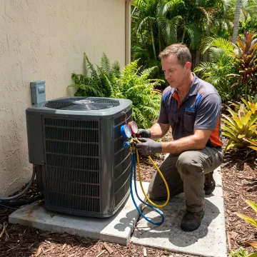 Technician repairing an air conditioning unit in Delray Beach