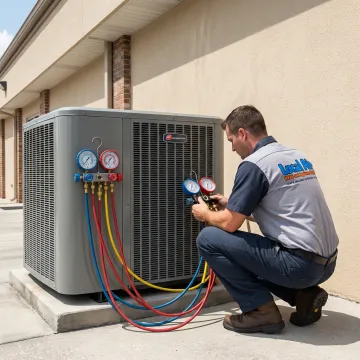Commercial HVAC technician testing air conditioning equipment