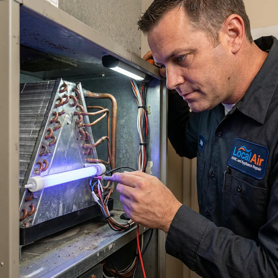 Technician checking UV light placement inside HVAC unit