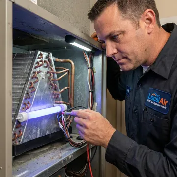 Technician checking UV light placement inside HVAC unit