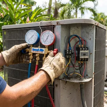 Technician checking residential AC system components