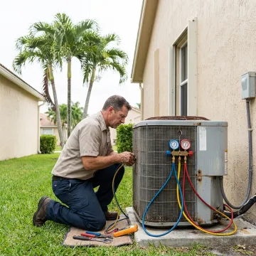 Technician servicing a residential air conditioner in Florida