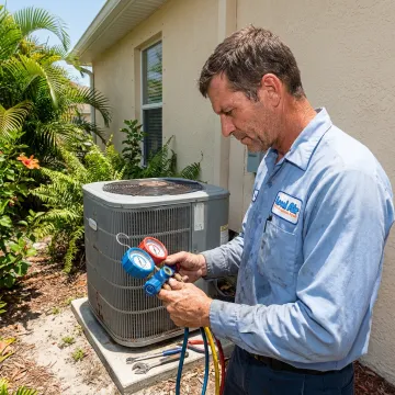 Technician repairing a residential air conditioning unit
