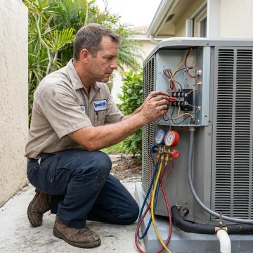 HVAC technician checking AC system components