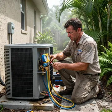 HVAC technician repairing an outdoor AC unit