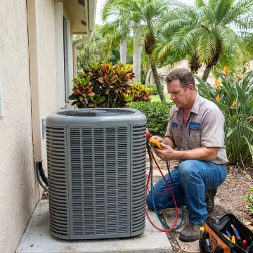 Technician servicing a residential air conditioner in Belle Glade