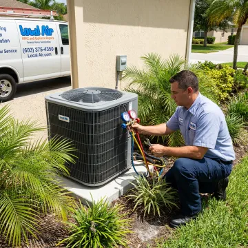 Technician repairing a home air conditioning unit