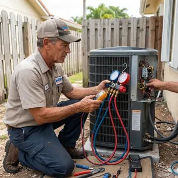 HVAC technician checking residential AC equipment