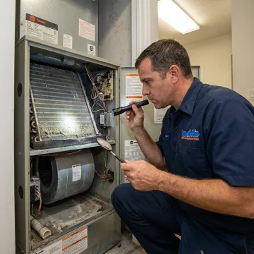 Technician inspecting HVAC air handler before UV installation