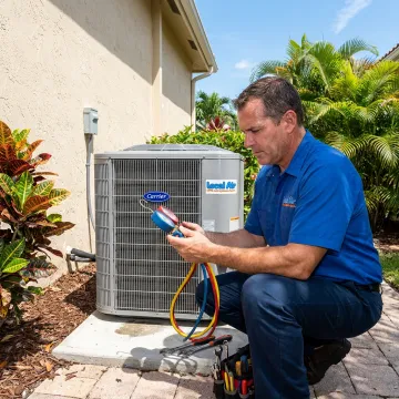 Technician servicing residential air conditioning unit