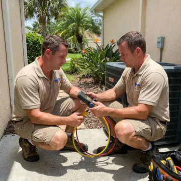 Technician repairing a central air conditioning unit