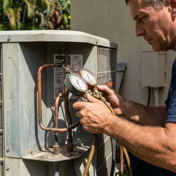 Technician servicing an air conditioning refrigerant line