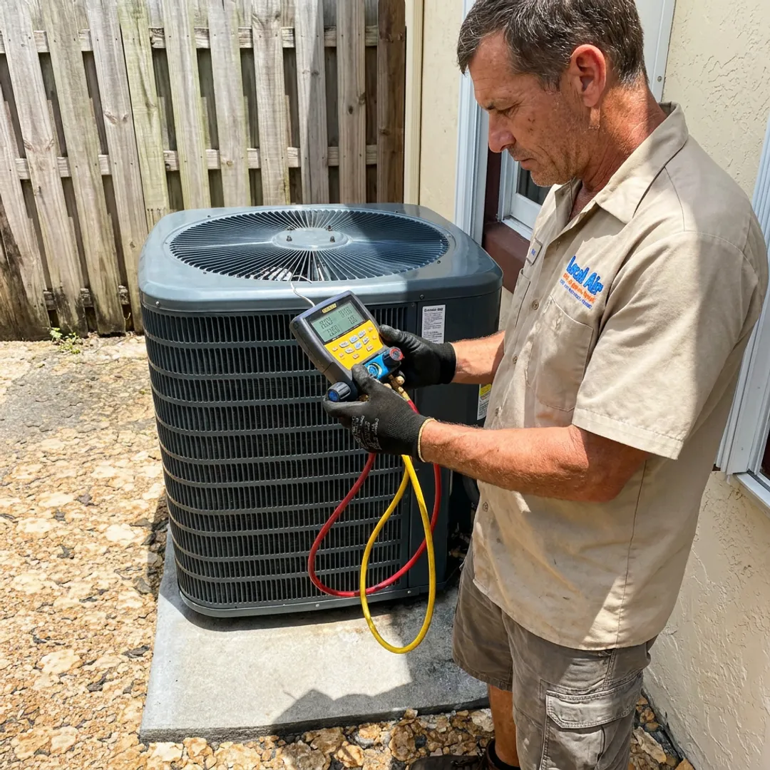 HVAC technician testing AC refrigerant pressure