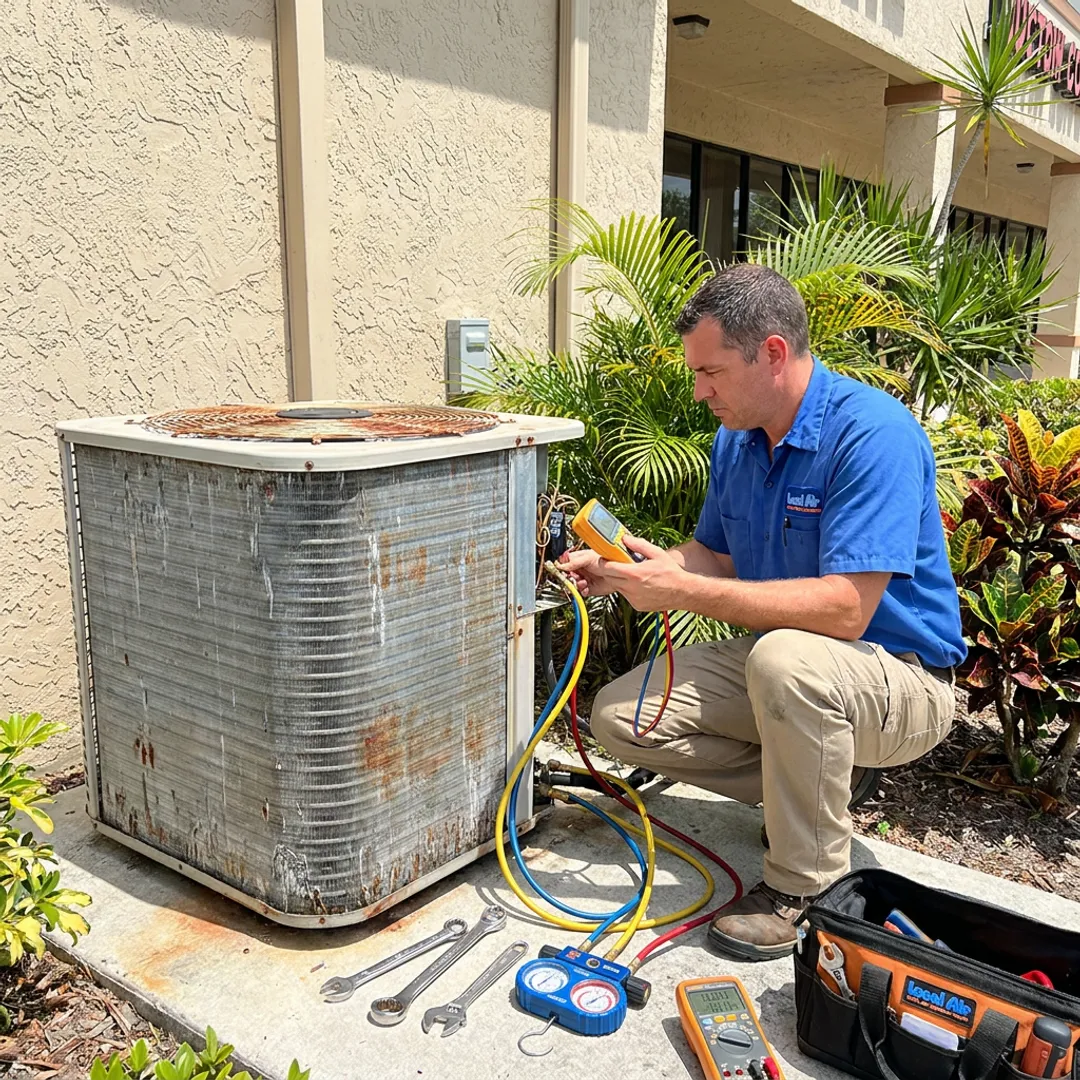 HVAC technician testing commercial AC equipment