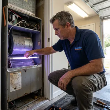 HVAC technician inspecting ductwork and UV light equipment
