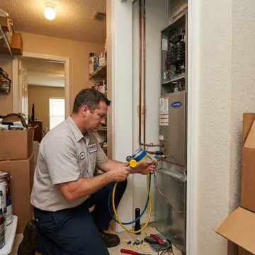Technician checking residential HVAC components