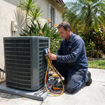 AC technician repairing a Weston home cooling system