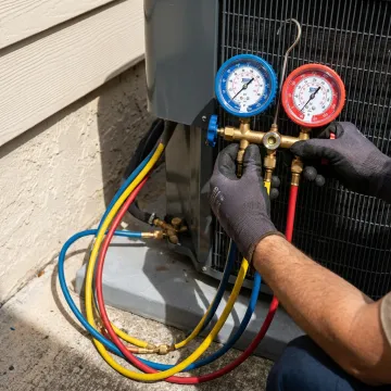 Technician testing refrigerant pressure during AC repair