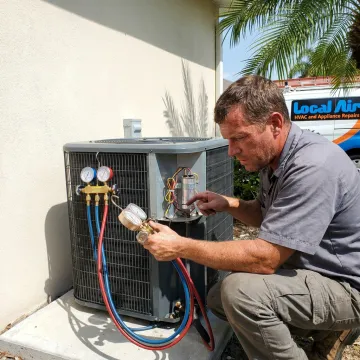 HVAC technician inspecting an AC system during a repair visit