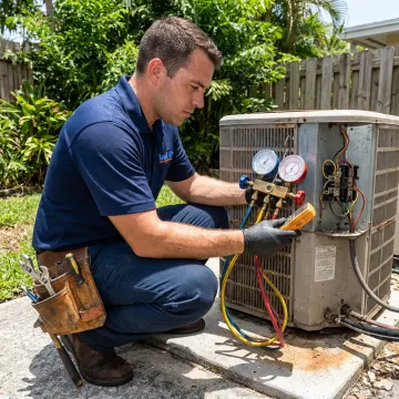 Technician inspecting an AC system during service