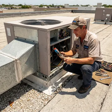 Commercial HVAC technician repairing rooftop AC unit