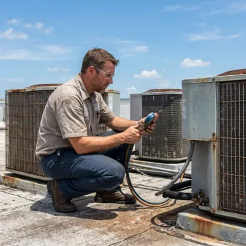 Technician inspecting commercial HVAC equipment in Florida