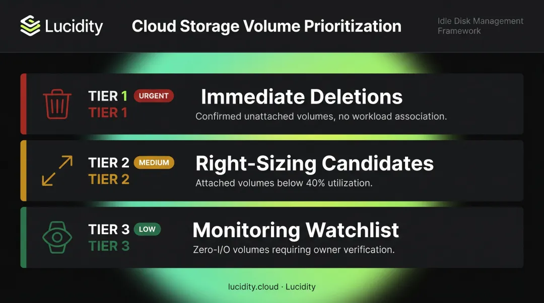 Three-tier cloud storage optimization priority framework from immediate deletion to monitoring