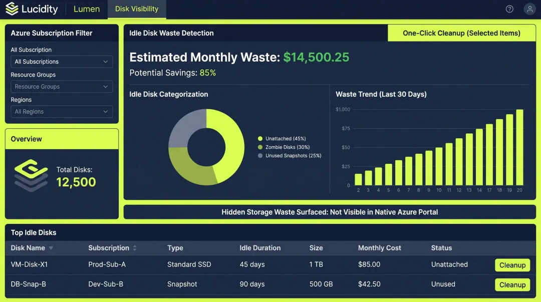 Lucidity Lumen dashboard displaying idle disk categories and Azure storage waste metrics