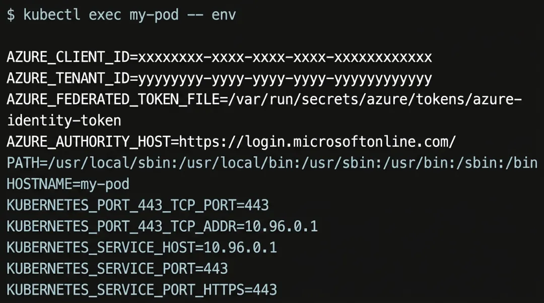 Kubernetes terminal output showing Azure workload identity environment variables injected into pod