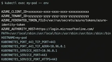 Kubernetes terminal output showing Azure workload identity environment variables injected into pod