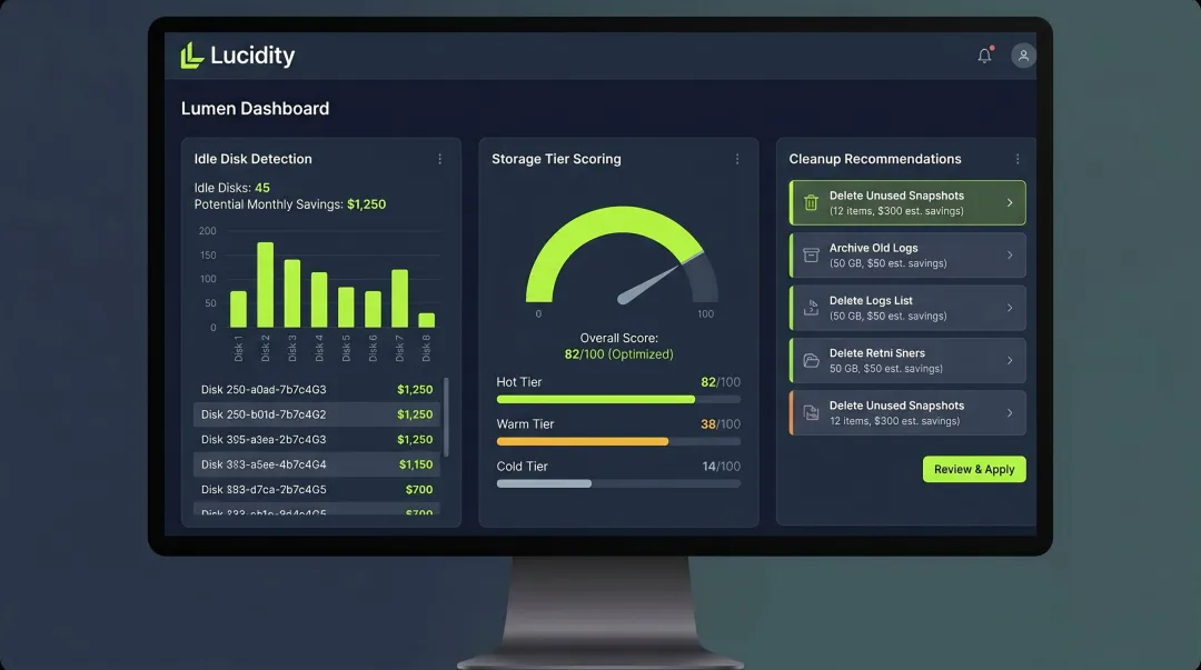 Lucidity Lumen dashboard displaying idle disk identification and storage tier recommendations