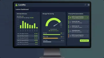 Lucidity Lumen dashboard displaying idle disk identification and storage tier recommendations