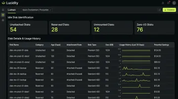 Lucidity Lumen dashboard displaying idle disk categories unattached unmounted and zero-IO disks